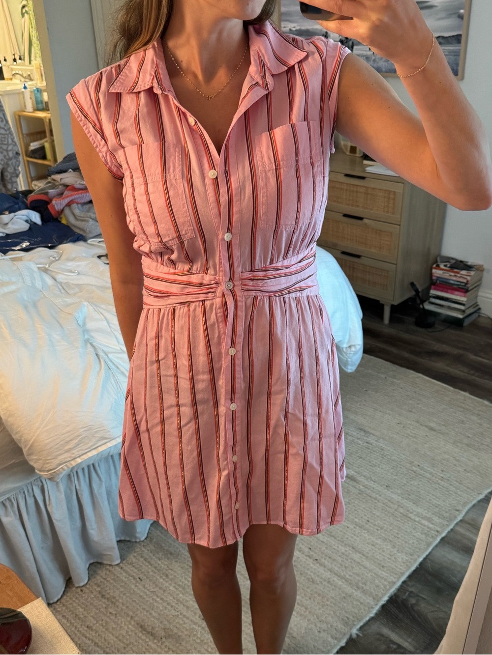 Derek Lam Pink Striped Button-Front Mini Dress